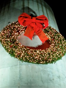 The giant wreath adorns the silo at the barn.